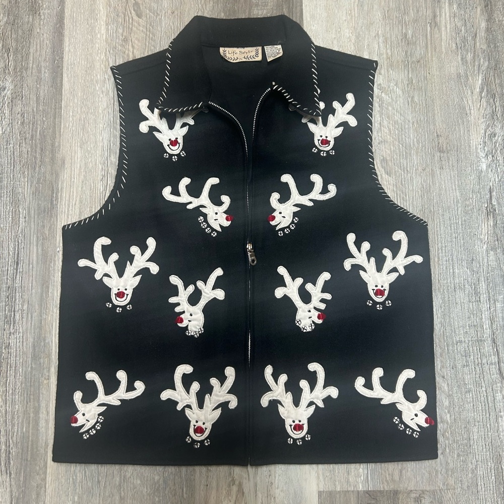 Black Vest with Reindeer Embroidery